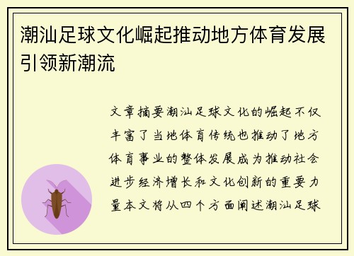 潮汕足球文化崛起推动地方体育发展引领新潮流