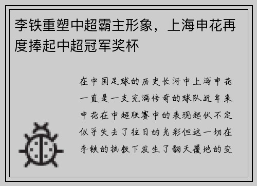 李铁重塑中超霸主形象，上海申花再度捧起中超冠军奖杯