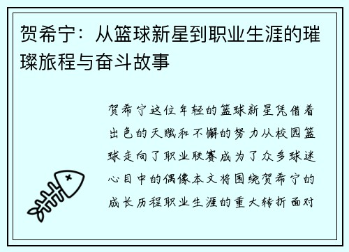 贺希宁：从篮球新星到职业生涯的璀璨旅程与奋斗故事