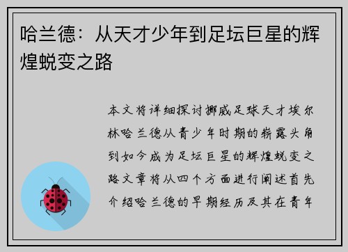 哈兰德：从天才少年到足坛巨星的辉煌蜕变之路
