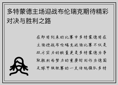 多特蒙德主场迎战布伦瑞克期待精彩对决与胜利之路
