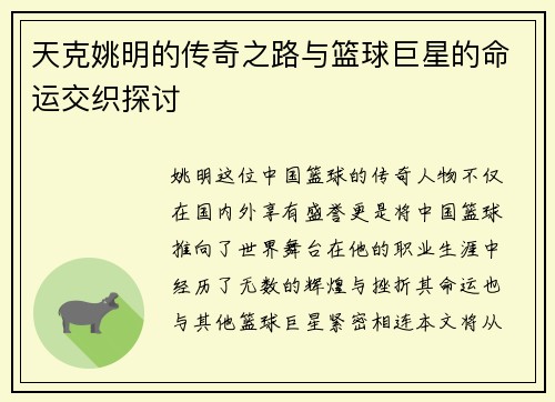天克姚明的传奇之路与篮球巨星的命运交织探讨